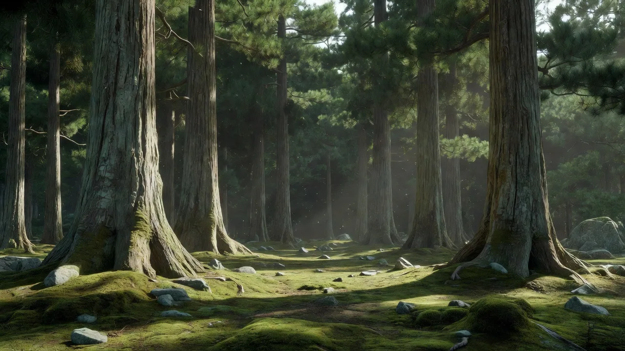 Ancient cedar and pine forest in soft light