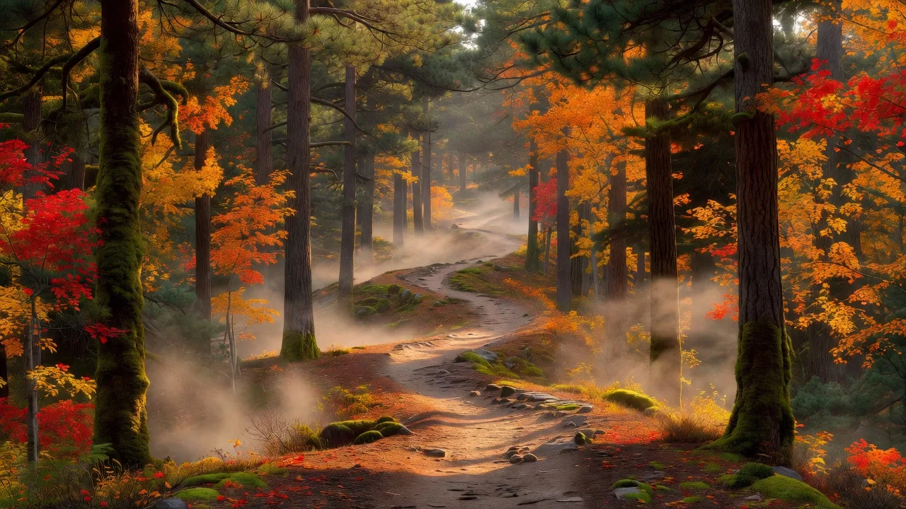 Autumn foliage along a pine trail