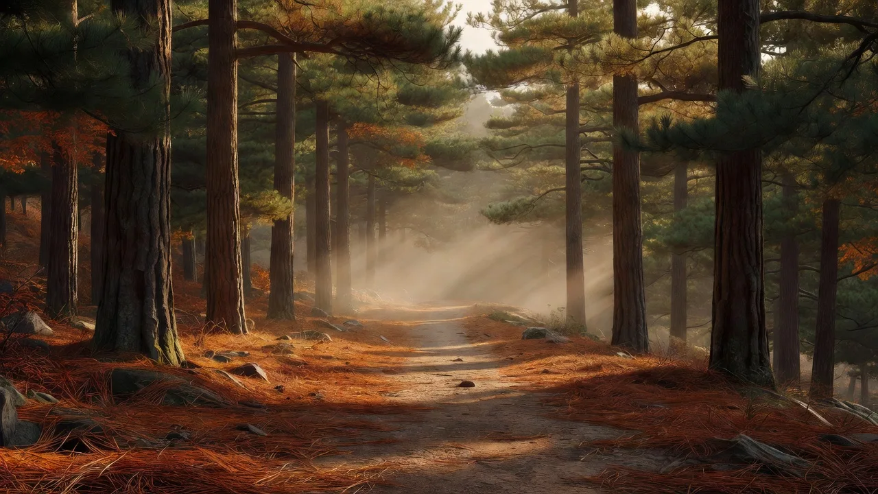 Golden autumn trail through pines