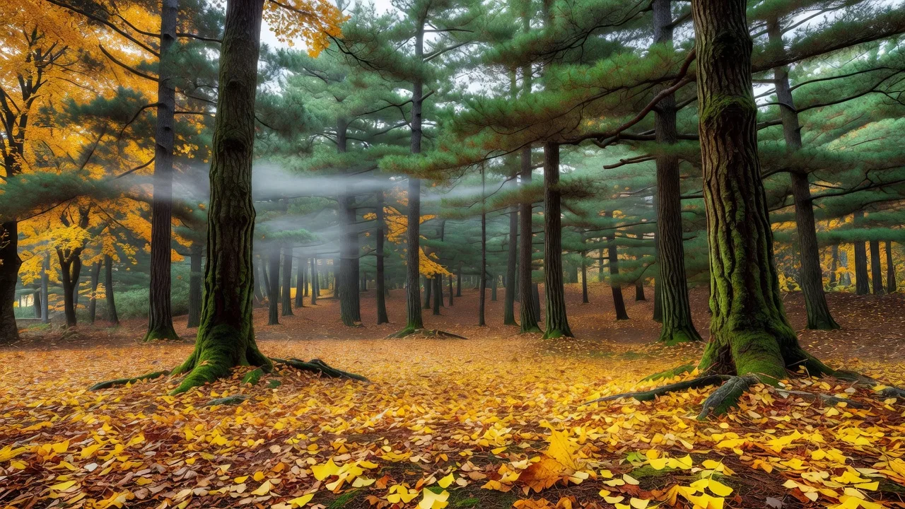 Misty autumn pine forest