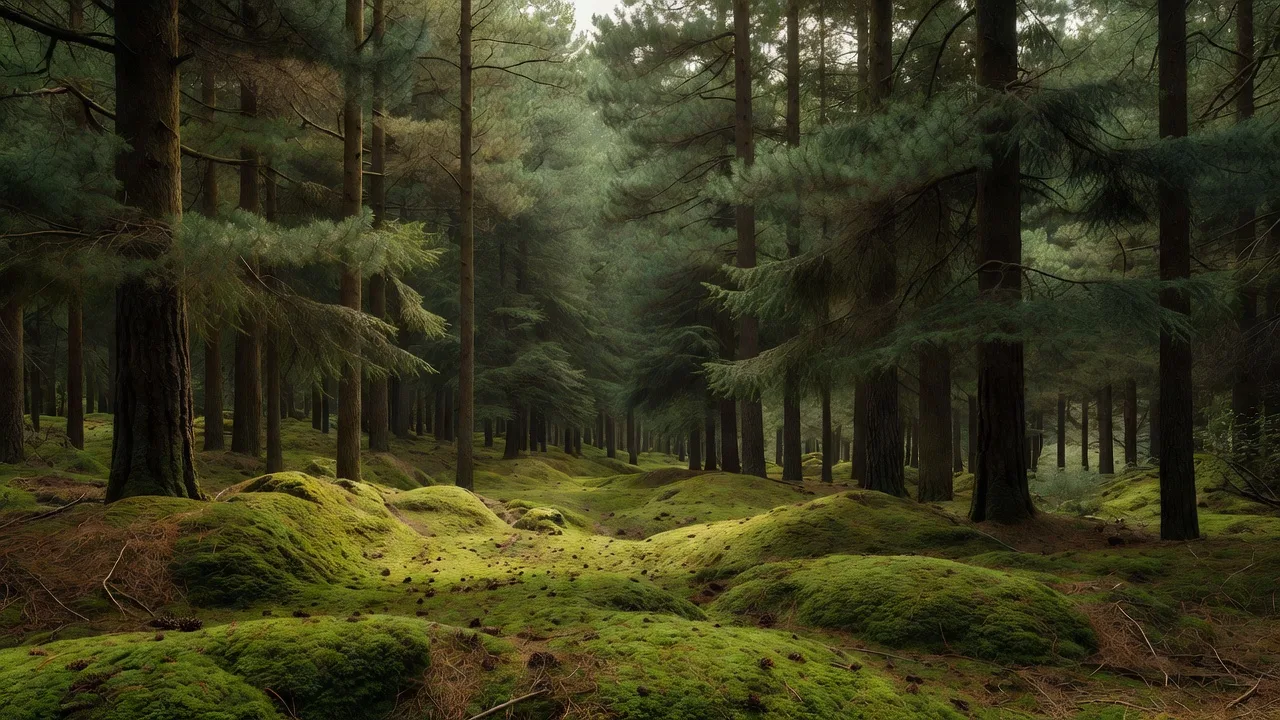 Dense mossy pine forest under overcast sky