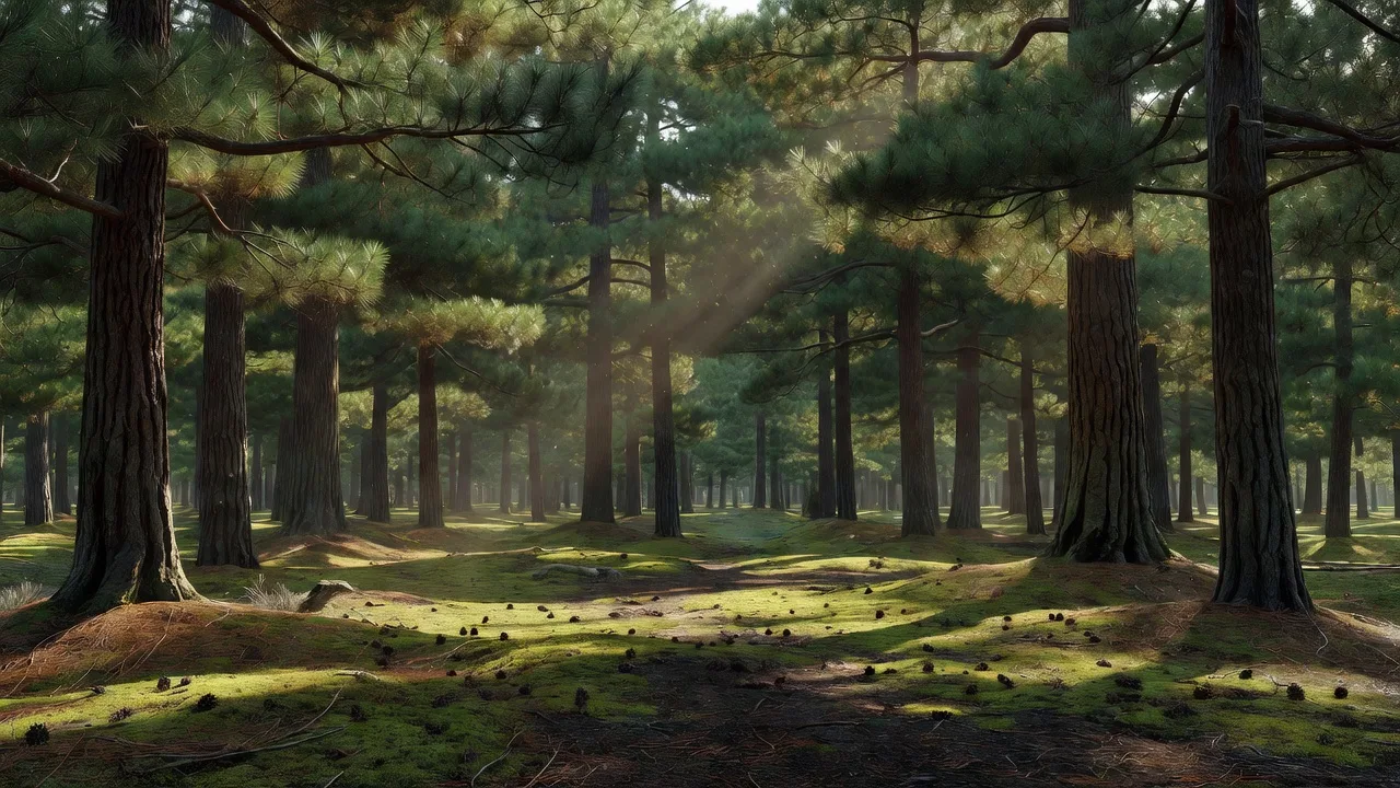 Dense pine grove filled with sunlight