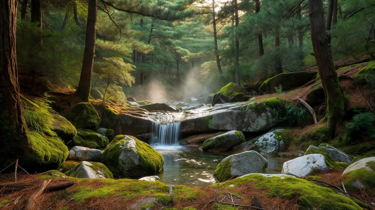 Hidden waterfall deep in the pine forest