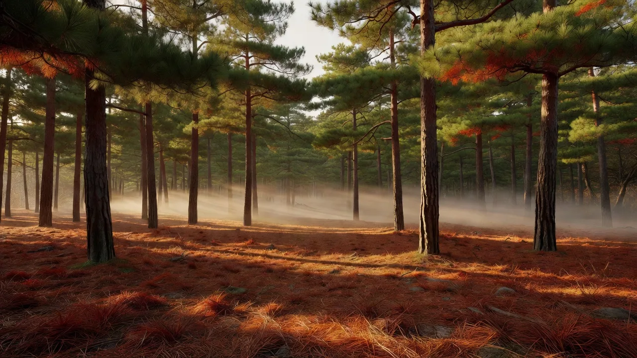Late autumn golden pine forest