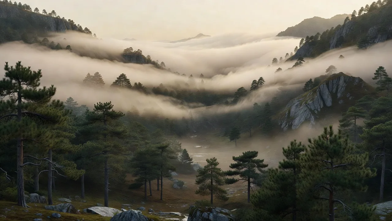 Misty mountain valley with pines at dawn