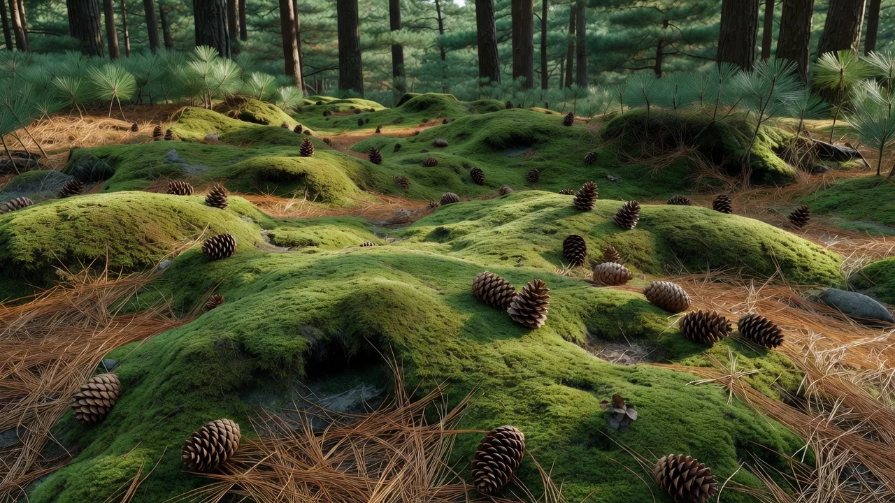 Moss forest floor scattered with pine cones