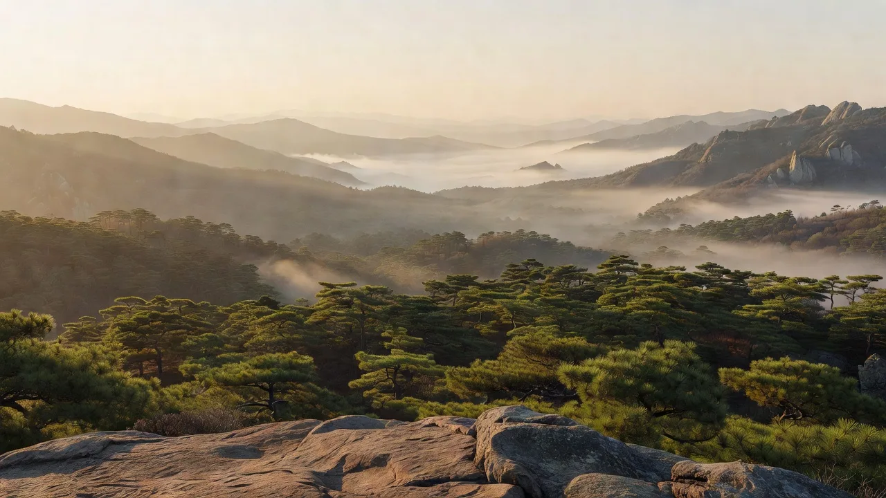 Mountain crest above a pine valley at sunrise