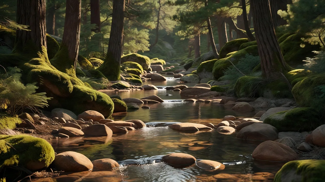 Clear mountain stream through pine forest