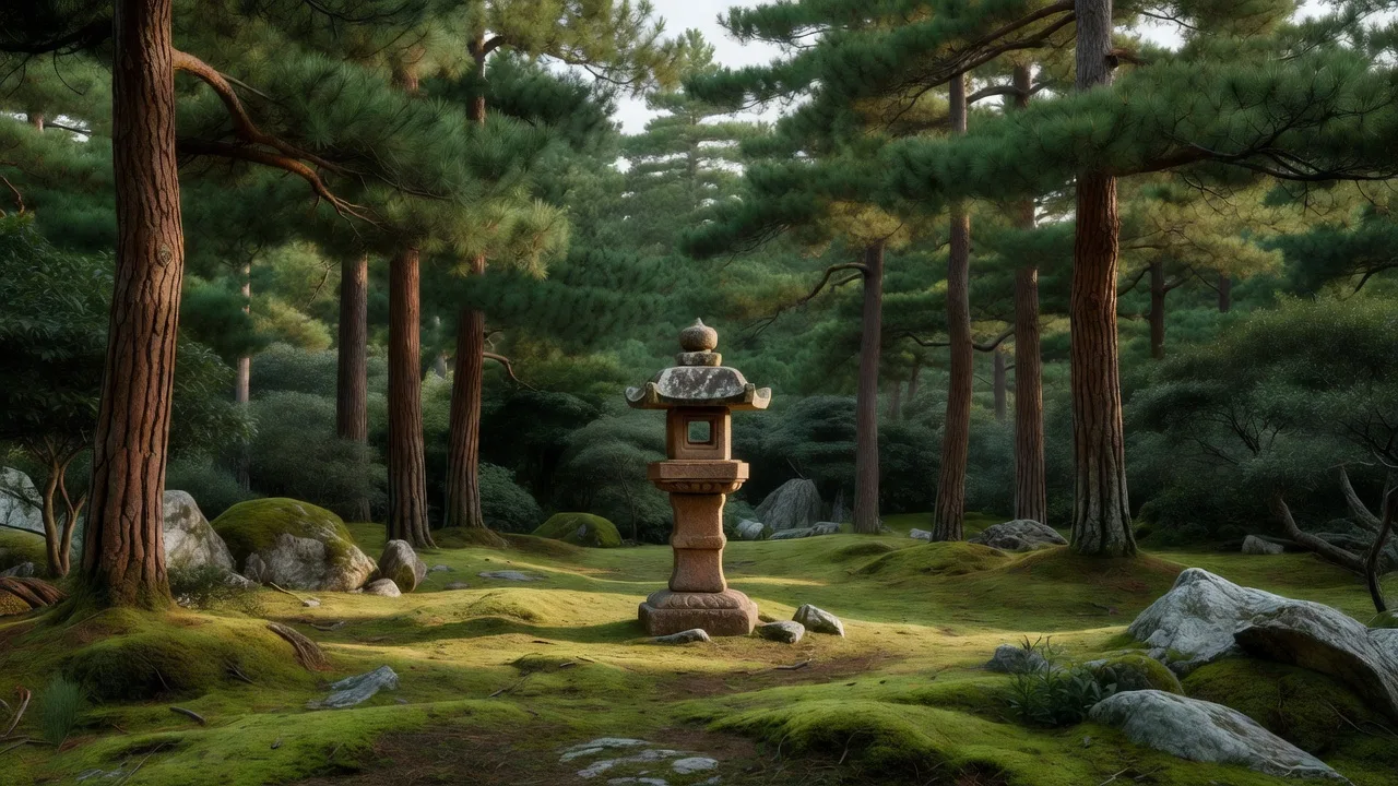 Stone lantern in a quiet pine clearing