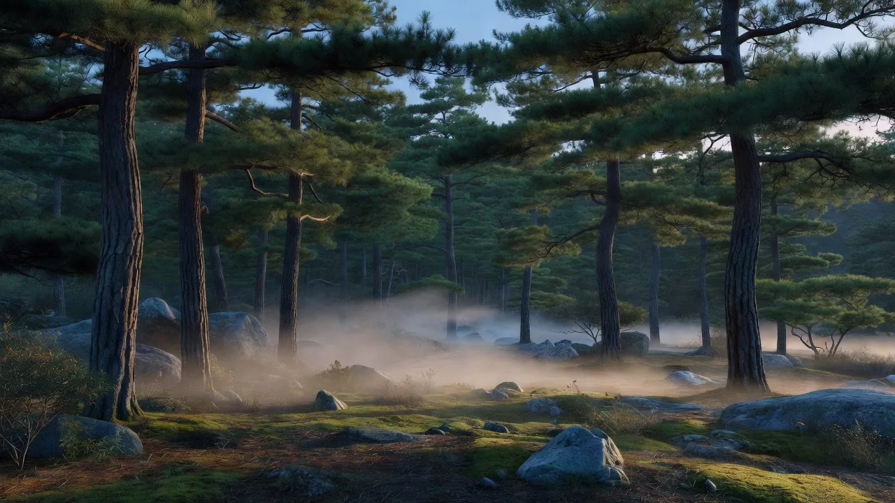 Pine forest at twilight with mist