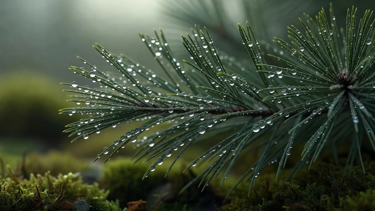 Pine needles covered in morning dew