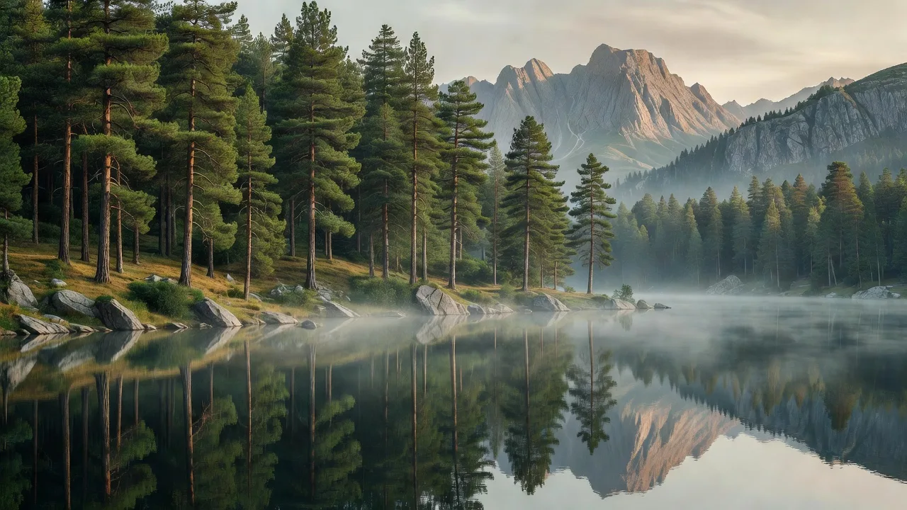 Pine ridge overlooking a mountain lake