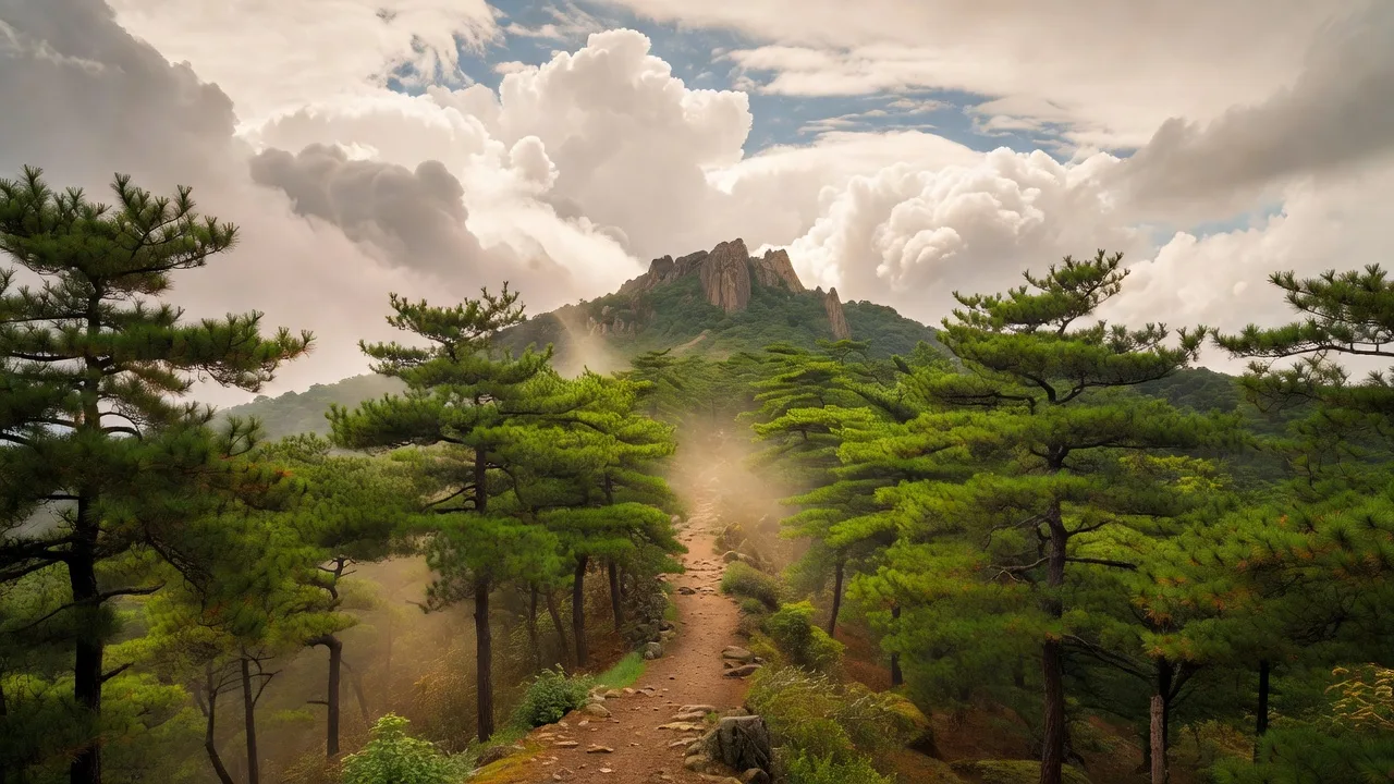 Pine trail leading to a mountain summit