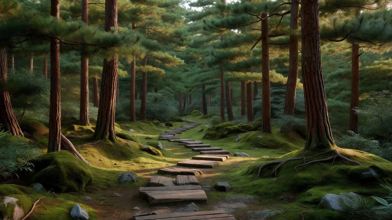 Wooden steps on a mossy pine trail