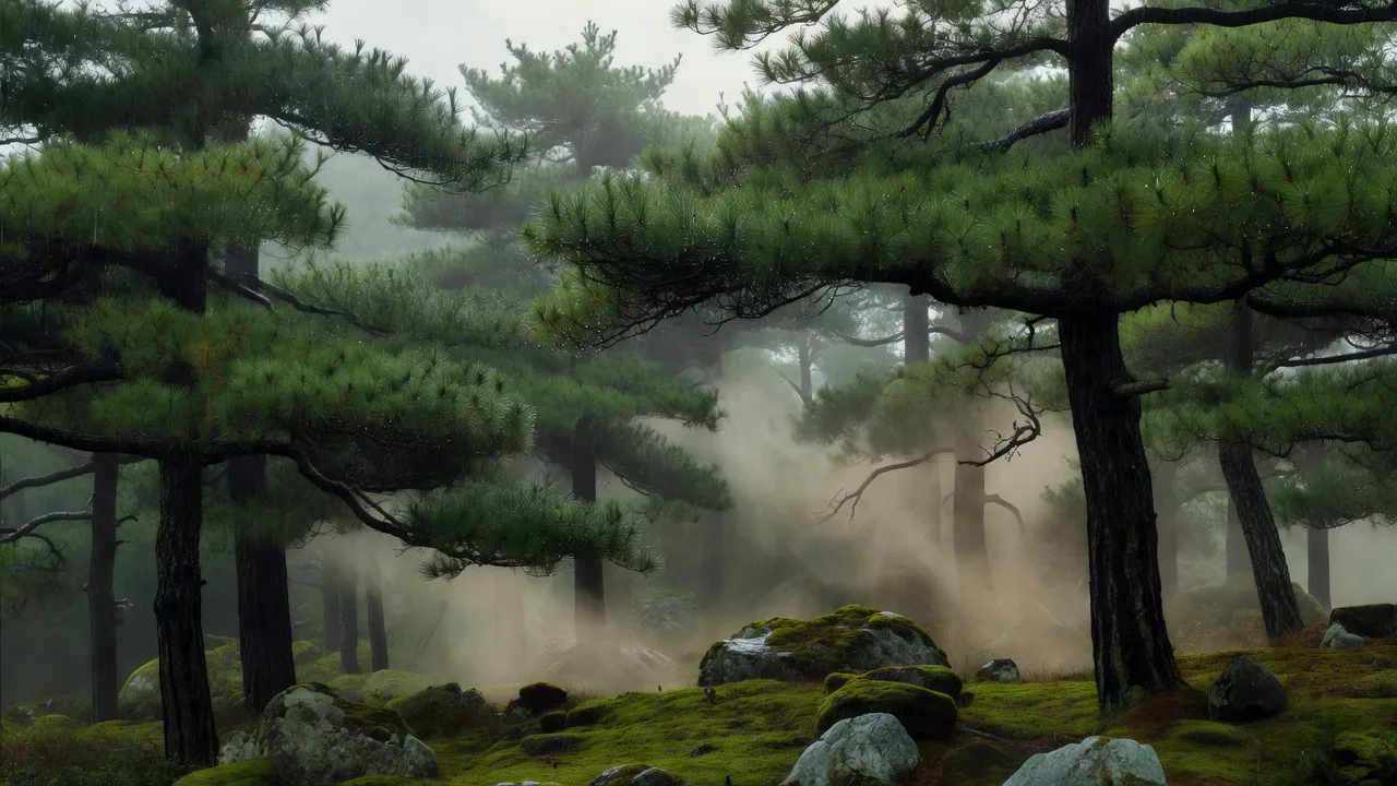 Rain and mist over the pine forest