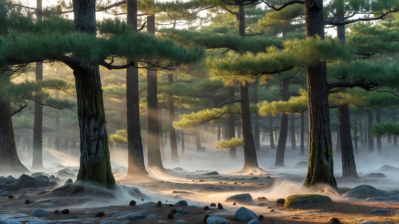 Serene pine forest at sunrise with fog