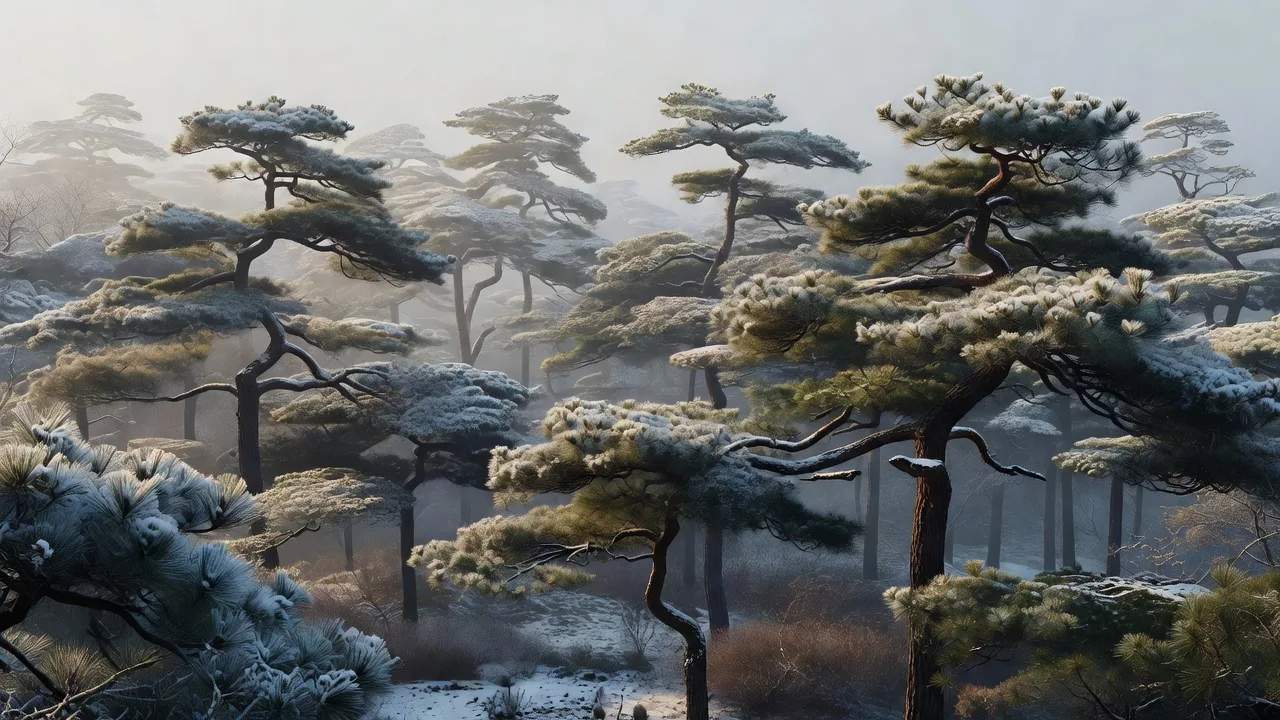 Snow-dusted pine branches