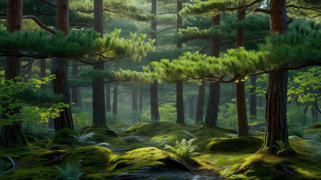 Fresh green spring pine forest