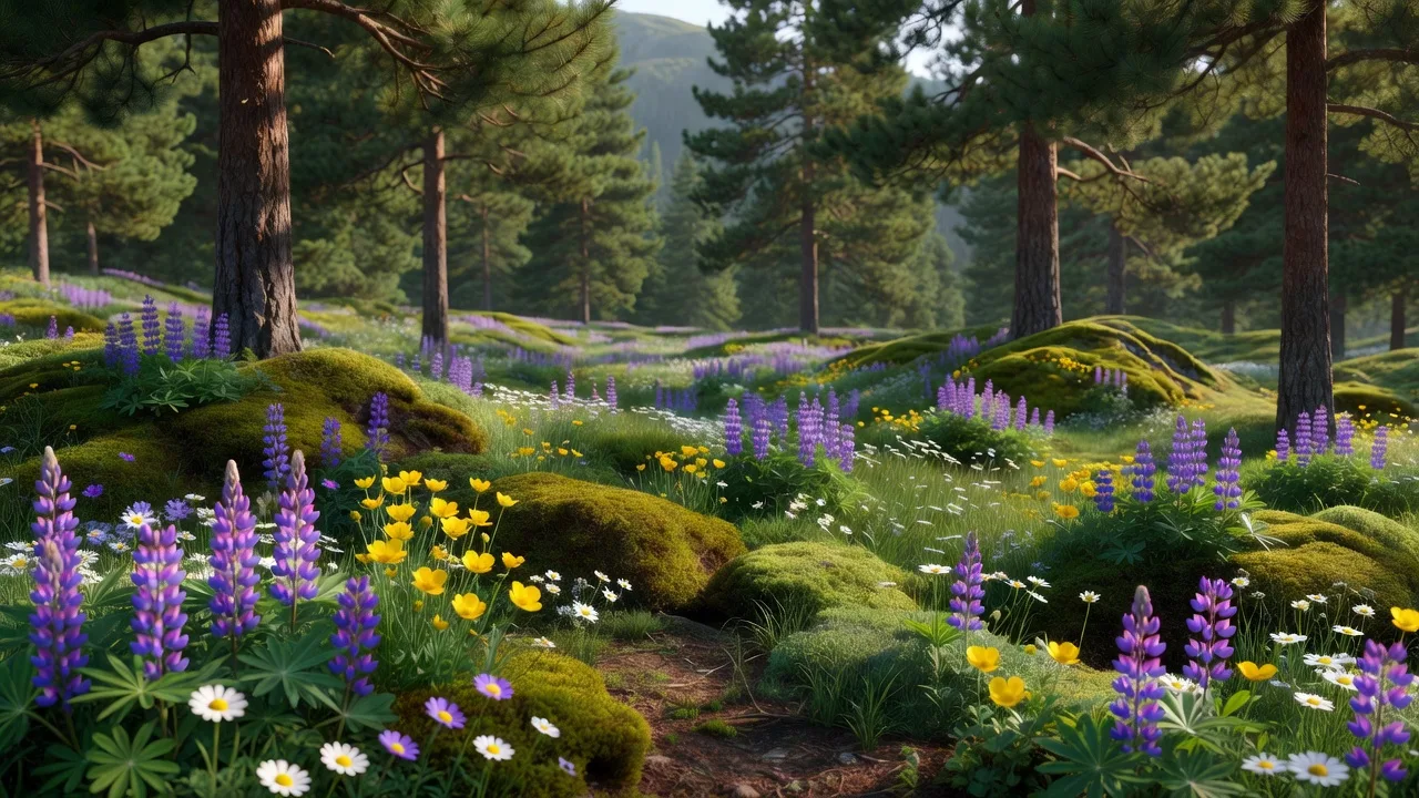 Spring wildflowers in a pine meadow
