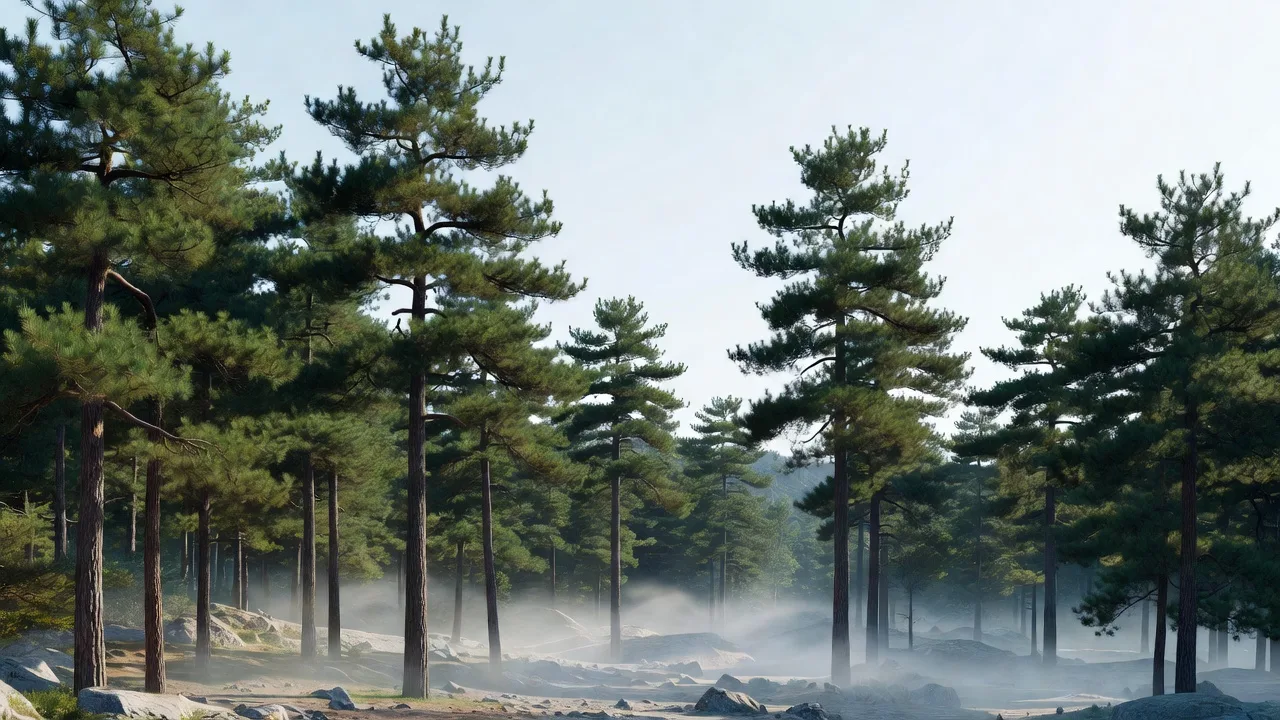 Tall pines rising into a misty sky