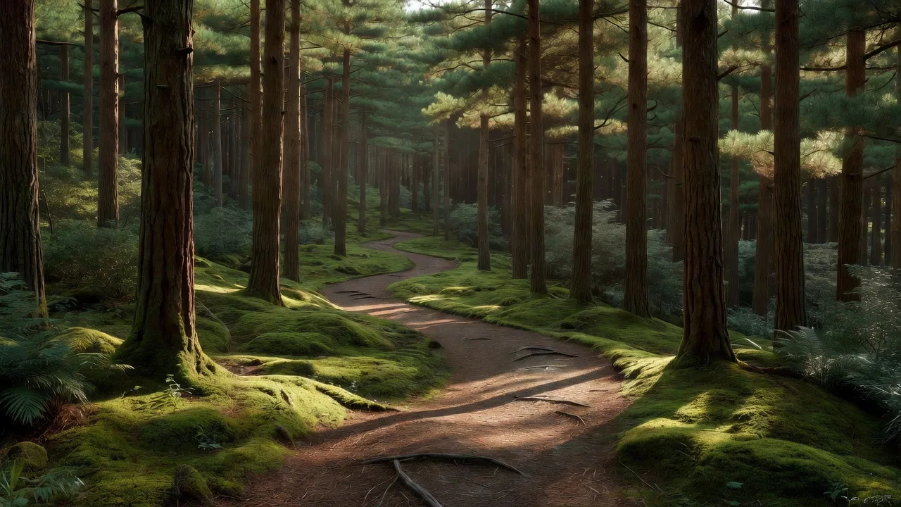 Winding forest path in dappled light