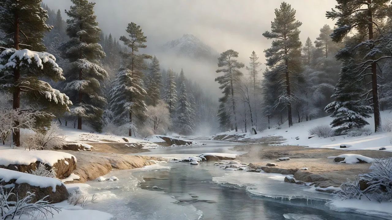 Frozen winter stream among pines