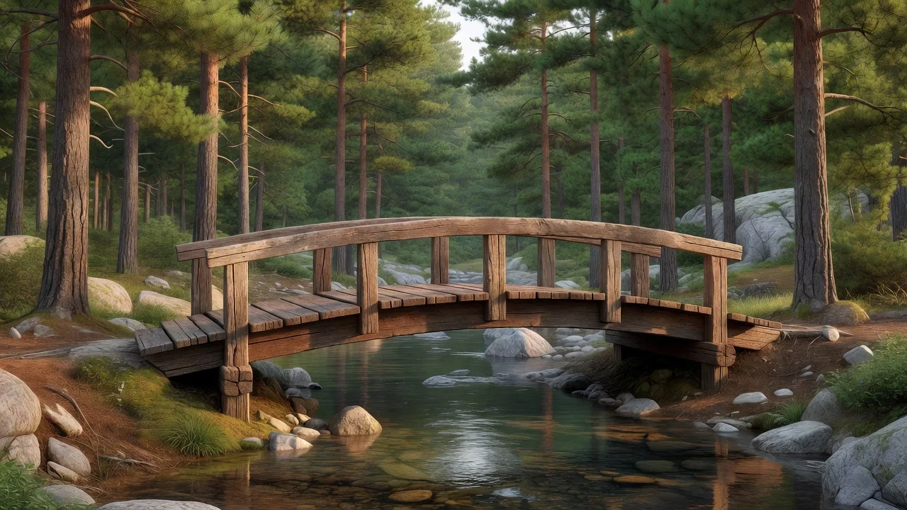 Wooden bridge over a stream in the pines